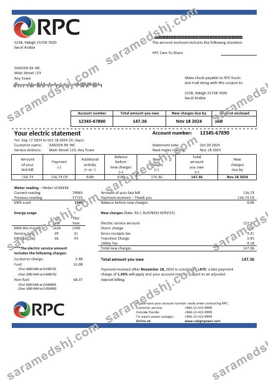 Saudi Arabia Rabigh Power Company business utility bill, Word and PDF template